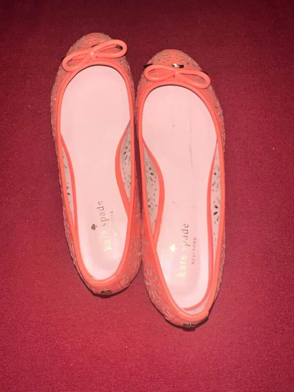 No.05 Kate Spade New York Perforated Leather Flats Size 8.5M Orange Bow